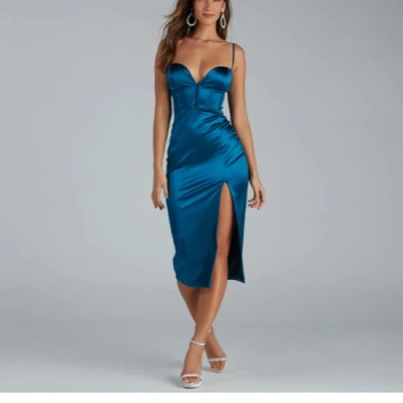 green emerald velvet dress Teal Pleated Charmeuse High Neck Sleeveless Midi Dress